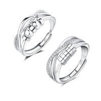 Deyanse Silver Anxiety Ring, 2PCS 925 Sterling Silver Fidget Rings for Anxiety, Adjustable Open Stress Relief Ring Set, Stress Spinner Rings with Beads Zirconia, Anti-Stress Thumb Rings for women Girl