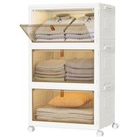 HOMIDEC Wardrobe Storage Organiser,3 Tier Stackable Clothes Storage Boxes with Wheels,Folding Drawers for Clothes,Cupboard Organiser for Bedroom Wardrobe Bathroom Kitchen,Grey 33L*3 Pack