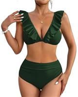AI'MAGEWomens Bikini Set Ruffle High Waist Sexy Swimsuit Adjustable Straps 2 Pieces Summer Beach Bathing Suit Tummy Control S-XXL