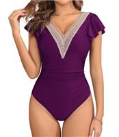 AI'MAGE Women's Ruched Tummy Control Swimsuit Ruffled Lace One Piece Bathing Suit Push Up Padded Swimwear
