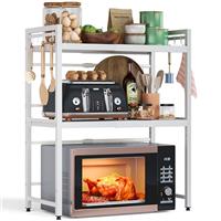 NETEL Expandable Microwave Oven Rack, 2 Tier Metal Microwave Shelf Stand, Desktop Printer Shelf Rack, Baker's Rack Kitchen Counter Shelf Organiser with 8 Hooks, Heavy Load 25KG, Width 40-60cm