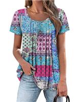 CHICZONE Women's Tunic Tops Summer Pleated Round Neck Button Down Short Sleeve Shirts for Leggings
