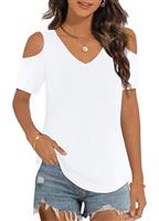 Elesomo Ladies Cold Shoulder Tops V Neck Summer Short Sleeve Casual T Shirts