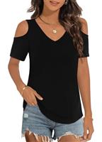 Elesomo Ladies Cold Shoulder Tops V Neck Summer Short Sleeve Casual T Shirts