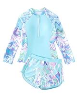Girls Swimming Costume Padded Bras Long Sleeve Kid Swimsuit Two Pieces Swimming Suit Girl Swimwear with Swim Short 8-12 Years