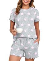 PrinStory Womens Pyjamas Summer Knit Ladies Pyjamas Regular Fit Short Sleeve T-Shirt And Short Casual Loungewear