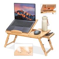 Adjustable Bamboo Laptop Desk with Cooling Fan, Foldable Bed Tray for Breakfast, Writing, and Drawing, with Tilting Top and Drawer, Portable Lap Desk for Bed, Sofa, and Floor.