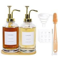Coffee Syrup Dispenser, 500ml/16.9 oz Glass Syrup Bottle, 2 Pcs Syrup Pump Dispenser with Gold Pump, Contains 36 Labels and Bottle Brush, Funnel, Tray