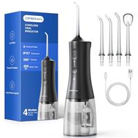 Operan Water Flossers for Teeth Cordless, 300ML Oral Irrigator Rechargeable Electric Flosser with 4 Modes 4 Jet Tips IPX7 Waterproof Dental Water Flosser for Home Travel (Black, 1Pack)