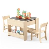 Puecrof 4-in-1 Kids Storage Desk & 2 Chairs Set Birch Wooden Activity Table with Reversible Whiteboard & Blackboard, 3 Storage Spaces for Toddlers Drawing, Reading, and Crafting