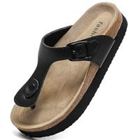 Foinledr Leather Flip Flops Women Soft Cork Footbed Sandals Platform Slides Thong Open Toe Slides Sandals Women Dressy Shoes for Walking Beach Indoor