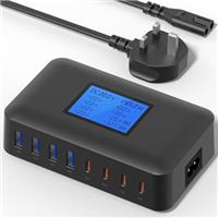 Binamao USB C Charger, 200W Multi USB Charger 8-Port Charging Station, USB Charging Hub with LCD Screen, 65W PD Fast Charger for MacBook, iPad, iPhone 16/15/14/13 Pro/Max, Samsung S24/S23-black