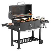 Warmiehomy XXL Charcoal BBQ, Portable Barbecue Grill with Wheels, 2 Folding Side Table, Warming Rack, Hooks, Thermometer, Adjustable Chimney, Outdoor Smoker BBQ for Garden Picnic Camping