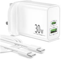 30W USB C Plug UK, 2-Port USB-C & USB-A Fast Charger for Google Pixel 9/9 Pro/8/8a/7/7a/6/6a/5/4/3/XL, iPhone 16 16e 15 Pro Max, Samsung Galaxy S25/S24/S23, iPad, PD Power Adapter + 2M Type C Cable