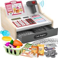 maysida Cash Register for Kids Age 3+, Wooden Toy Till Cash Register with Scanner&Sounds
