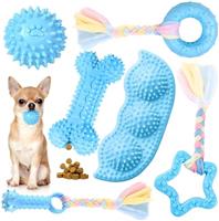 6 Pack Dog Chew Toys Set, Puppy Teething Toys, Blue Textured Rubber Squeaky Ball, Bone, Ring and Rope Toys, Small to Medium Dogs
