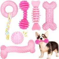 6 Pack Pink Puppy Chew Toys Set, Durable Dog Teething Toys with Rope, Rubber Squeaky Ball and Bones, Small to Medium Dogs