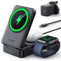 Lamicall 3 in 1 Wireless Charging Station for MagSafe - [Foldable & Portable] Wireless Charger Stand with [Safe Cooling] for iPhone 16/15/14/13/12 Series, Apple Watch Ultra/S3-S10, AirPods - Black