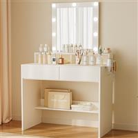 JUMMICO Dressing Table with LED Lighting and Mirror, Adjustable Brightness and Colour Temperature, Makeup Table with 9 LED Light Bulbs, White