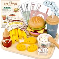 Airlab Wooden Play Food Set for Children, 37PCS Toy Kitchen Accessories for Kids Role Play, Fast Food Shop Toy with Hamburger Builder, Educational Pretend Fake Money Playsets for 3+ Years Old Boy Girl