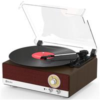 Mycket Vinyl Record Player with Dual Stereo Speaker, Bluetooth 5.3 Turntable Vintage Vinyl Player Support AM/FM Radio, Bluetooth Transmitter,RCA Out, 3 Speed Belt-Driven,Auto-Stop,Wooden Design-Red
