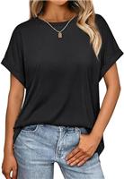 Dressmine Ladies Short Sleeve Summer Tops Round Neck Tees Blouse Knit Solid Loose Casual T Shirts