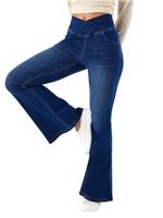 SotRong Womens V-Cut Crossover Wrap Waist Flared Jeans High Rise Tummy Control Pull On Stretch Bootcut Bell Bottom Denim Pants with Pocket XS-XL