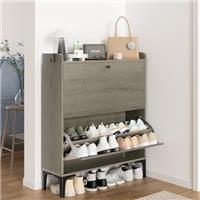 Dripex 2 Drawer Shoe Cabinet, Wooden Shoe Cupboard with 2 Flip Drawers, Adjustable and Removable Divider