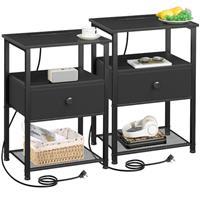 AMHANCIBLE Night Stand Set 2, LED Nightstand with Charging Station, End Tables Living Room with Fabric Drawer, Small Side Tables for Bedroom, Small Space