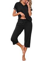 Uniexcosm Women's Pyjama Sets, Ladies Capri Pyjama Set Short Sleeve Top + Cropped Pants Comfy Pjs with Pockets Adjustable Drawstring Nightwear Sleepwear Loungewear for All Seasons