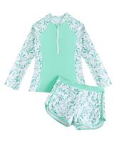 Girls Swimming Costume Padded Bras Long Sleeve Kid Swimsuit Two Pieces Swimming Suit Girl Swimwear with Swim Short 8-12 Years