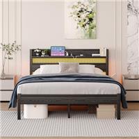 HAHRIR Bed Frames with Storage Headboard and Charging Station/LED Lights,Heavy Duty Metal Bed Frame, Strong Steel Slats Support,Rustic Brown