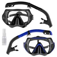 Snorkel Set Adults, Scuba Snorkelling Packages with 180 Panoramic Anti-Fog Tempered Glass Snorkel Mask, Leak Proof Dry Top Snorkel for Snorkeling Diving Swimming with Anti Fog Spray