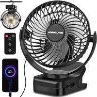 GOBRILLFUN 6 Inch Rechargeable Clip Fan with Camping Lantern, 4 Powerful Speeds, 10000mAh Battery Operated Clip Fan for Bed, Outdoor Travel, Car