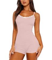 Dressmine Womens One Piece Short Pyjamas Spaghetti Straps Romper Summer U Neck Sleeveless Lace Tops Sleepwear Nightwear