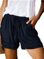 comefohome Shorts Womens UK Summer Drawstring Cotton Elastic Waist Solid Color Casual Shorts with Pockets