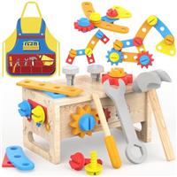 Wooden Kids Tool Set with Apron - Montessori Toys for 2 Year Old Boy Toddler Tools Bench, STEM Educational Construction Toy for Ages 2-4, Pretend Play Birthday Gifts for 3 4 5 Girls