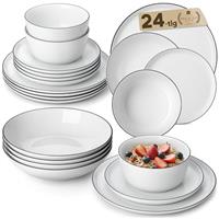 MALACASA 24 Pieces Gourmet Porcelain Dinnerware Sets, Premium Plates and Bowls Set, High-Fired Ceramic Dishes Set for 6, Chip & Scratch Resistant, Microwave Dishwasher Safe, White, Series Lexi