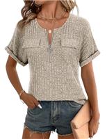 Gemulate Womens Tops Short Sleeve Ladies Tops Zip Up Casual Top Ladies V Neck T Shirts Blouses Ladies Knit Solid Spring Summer Clothes S-XXL