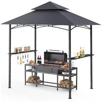 GVDV Grill Gazebo 2.4x1.5m 2-tier BBQ Shelter with Adjustable Shelves, 10 S-shaped Hooks & Built-in Bottle Opener, All-weather BBQ Gazebo, Grey