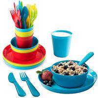 WAIZHIUA 24Pcs Kids Dinnerware Set - Reusable BPA-Free Plastic Childrens Plates and Bowls Sets, 4 Vibrant Colors, Microwave Safe, Portable Toddlers Picnic Set for Party, Camping, Home (Ages 1-6)