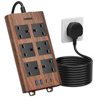 TOPREK Wood Grain 6 Way Extension Lead with USB Slots