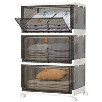 HOMIDEC Wardrobe Storage Organiser,3 Tier Stackable Clothes Storage Boxes with Wheels,Folding Drawers for Clothes,Cupboard Organiser for Bedroom Wardrobe Bathroom Kitchen,Grey 33L*3 Pack