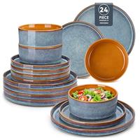vancasso Onion Stoneware Dinner Sets for 8 People, 24 Piece Mediterranean Style Reactive Glaze Ceramic Plates and Bowls Set Crockery Sets, Blue and Caramel