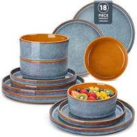 vancasso Onion Stoneware Dinner Sets for 8 People, 24 Piece Mediterranean Style Reactive Glaze Ceramic Plates and Bowls Set Crockery Sets, Blue and Caramel