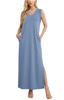 GRECERELLE Womens Dresses Summer Maxi Long Dress with Pockets V Neck Casual Dress for Women Elegant Ladies Holiday Sleeveless Split Hem