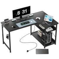 LUCKRACER L Shaped Desk with Power Outlets, 110 * 80cm Gaming Corner Computer Desk with Storage Shelves, Headphone Hook, Black PC Table Workstation for Study Play Work Home Office