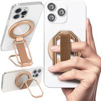 (2025 Newest) 4-in-1 Magnetic Phone Grip Stand for MagSafe with Finger Strap Loop, Removable Ring Holder for iPhone 16 Pro Max 15 14 13 12, Kickstand for Hands-Free View at Home Work Plane, Rose Gold