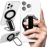 4-in-1 Magnetic Phone Grip Holder for MagSafe with Finger Support Strap Loop, Removable Phone Ring Holder for iPhone 16 Pro Max 15 14 13 12, Kickstand for Hands-Free Viewing at Home Work Plane, Black