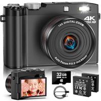 4K 64MP Digital Camera One-Touch Macro Vlogging Camera- Autofocus & 2.8 Flip Screen. 18X Digital Zoom for Beginners & Adults, Includes 32GB SD Card & 2 Batteries